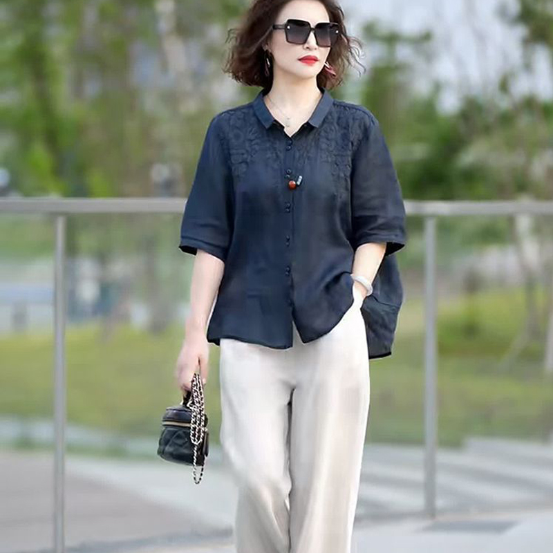 Chinese-Style Embroidered Shirt and Linen Wide-Leg Pants Two-Piece Set, Plus-Size Cotton-Linen Middle-Aged Mother's Summer Outfit, New High-End Suit