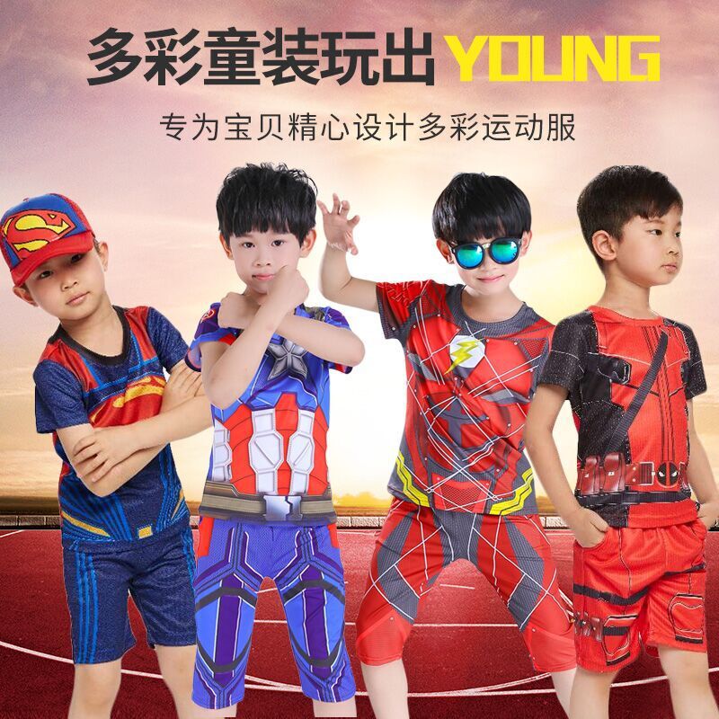 Marvel Captain America Flash Superman Deadpool Short-Sleeved Suit Cos Boy Kidsren's Clothing T-Shirt Summer Wear