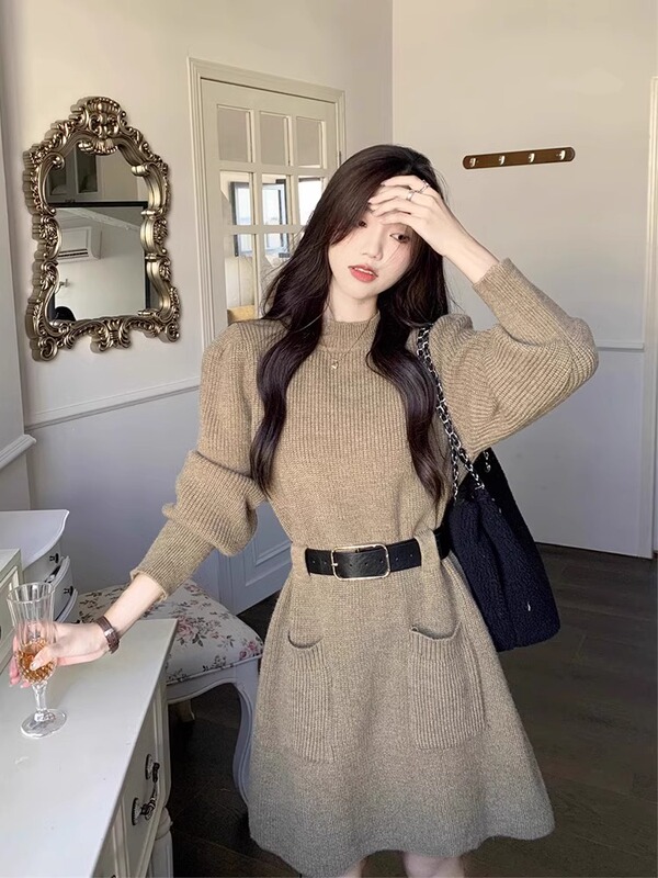Xzoxzo Khaki Knitted Dress Women's Autumn and Winter New Style Super Pretty Petite Inner Layer Sweater Dress Xzoxzo Khaki Knitted Dress Women's Autumn and Winter New Style Super Pretty Petite Inner Layer Sweater Dress