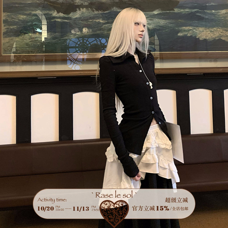 Rase Le Sol'Gothic Doll' Black Slim-Fitting Waist-Cinching Short Knitted Cardigan Jacket