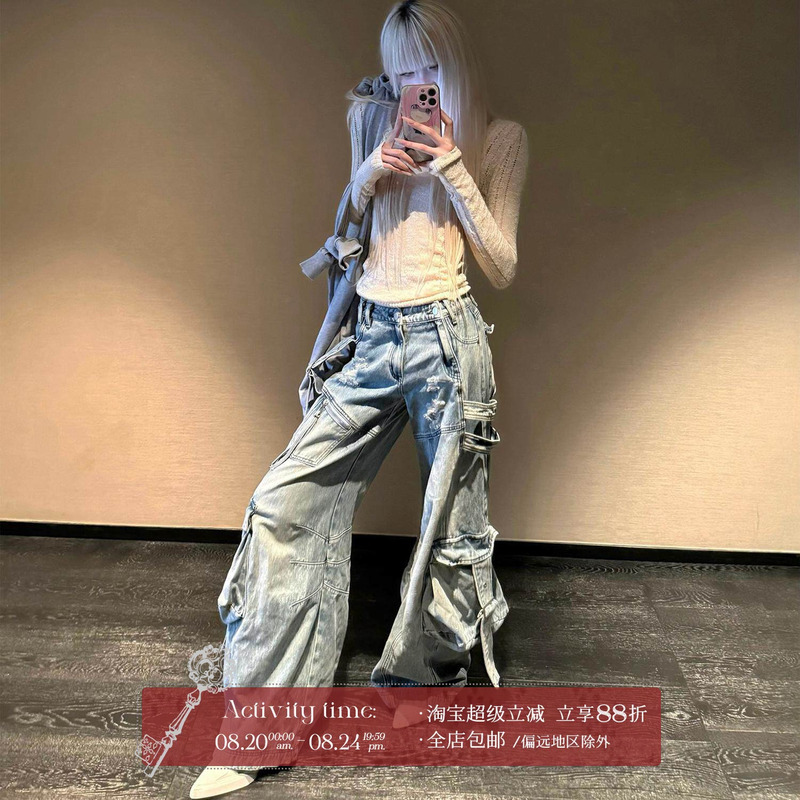 Rase Le Sol American High Street Retro Blue Workwear Jeans Low-Waisted Loose Straight-Leg Floor-Length Wide-Leg Pants Rase Le Sol American High Street Retro Blue Workwear Jeans Low-Waisted Loose Straight-Leg Floor-Length Wide-Leg Pants