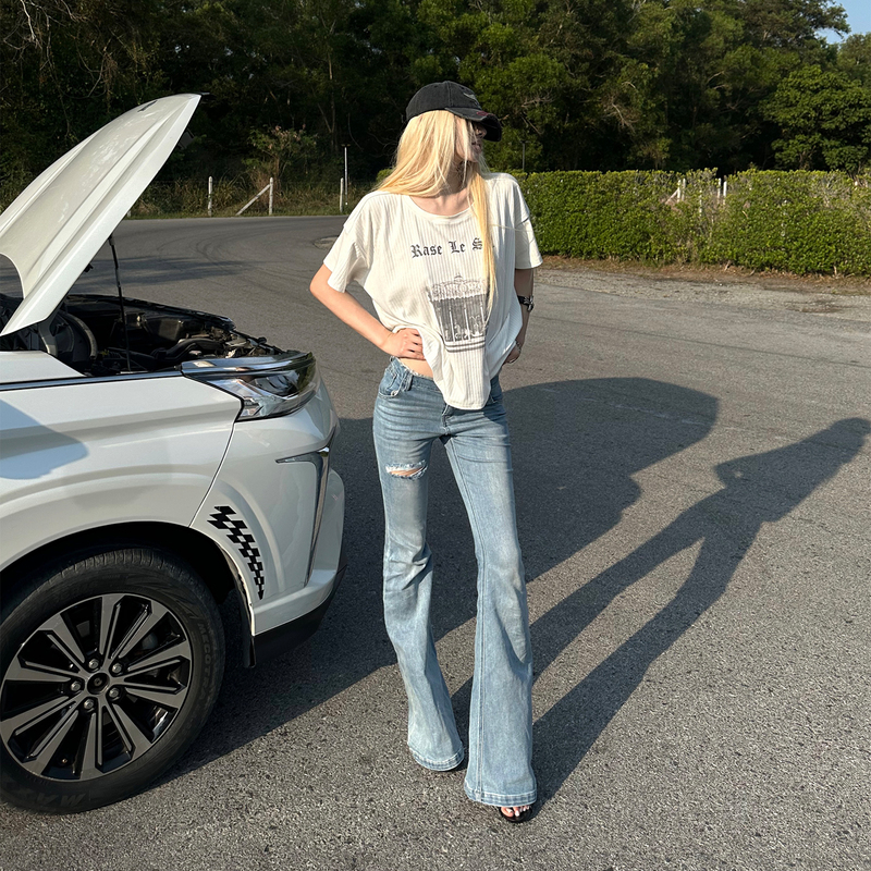 Rase Le Sol'Supermodel Code' Ripped Flared Jeans Low-Rise Slim Fit Bell-Bottom Pants