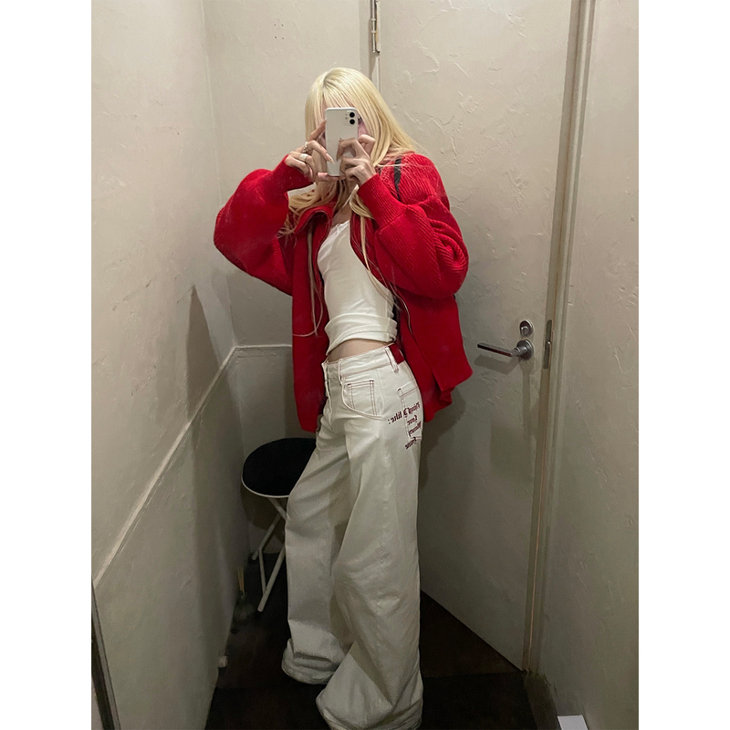 Rase Le Sol'Red-Lined Denim' American-Style White Jeans, Low-Waisted, Loose Straight-Leg Pants