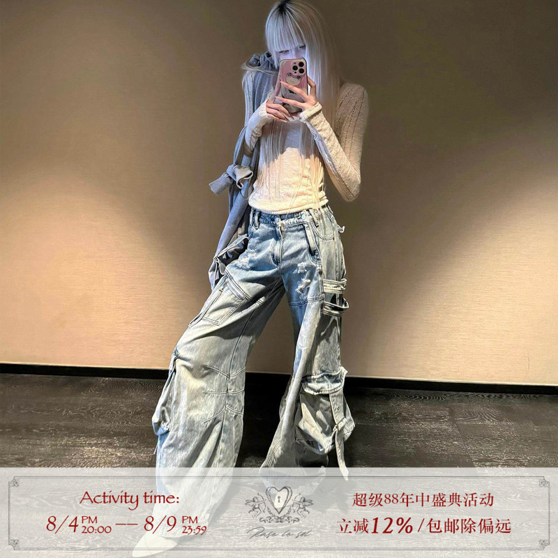 Rase Le Sol American High Street Retro Blue Workwear Jeans Low-Waisted Loose Straight-Leg Floor-Length Wide-Leg Pants