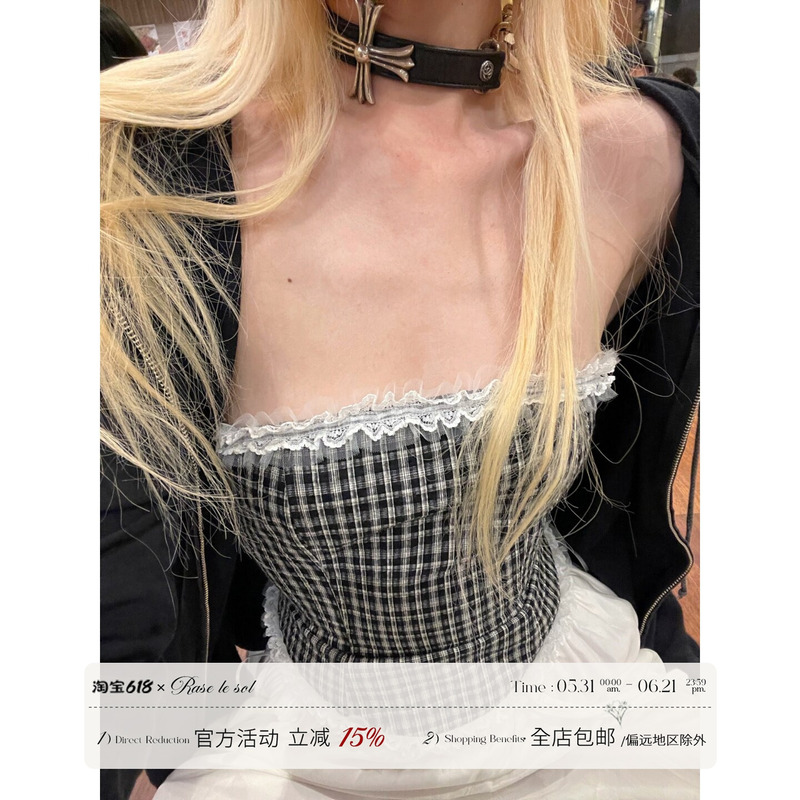 Rase Le Sol*Lace-Panel Strapless Top Lace-Trimmed Black and White Checkered Tube Top