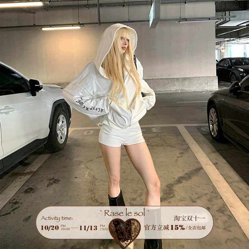 Rase Le Sol American High Street White Hooded Sweatshirt Loose and Lazy Oversize Cardigan Zipper Jacket Rase Le Sol American High Street White Hooded Sweatshirt Loose and Lazy Oversize Cardigan Zipper Jacket