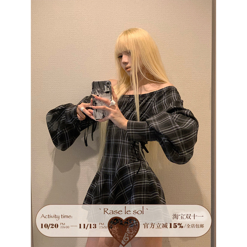 Rase Le Sol'Magic Apprentice' One-Shoulder Plaid Dress Long-Sleeved Waist-Cinching Short Skirt Rase Le Sol'Magic Apprentice' One-Shoulder Plaid Dress Long-Sleeved Waist-Cinching Short Skirt