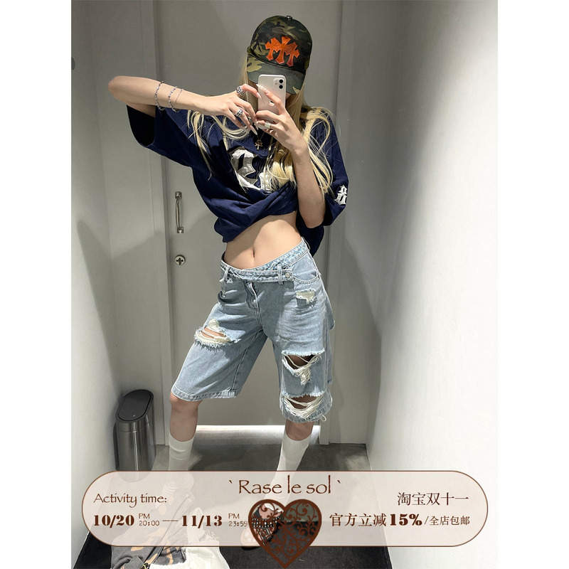 Rase Le Sol*Ripped Denim Jorts American Retro Washed Distressed Denim Shorts Five-Point Pants