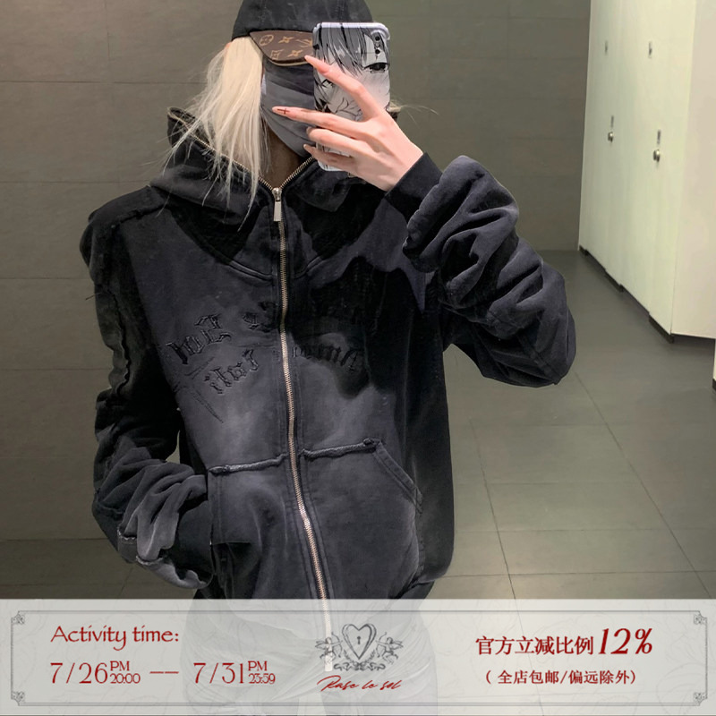 Rase Le Sol'Shadow Strays' American Retro Washed and Distressed Hooded Sweatshirt Zipper Jacket Rase Le Sol'Shadow Strays' American Retro Washed and Distressed Hooded Sweatshirt Zipper Jacket