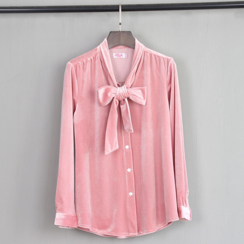 Temperament gold velvet floating with loose long sleeves shirt woman 2022 spring autumn new big size to beat undershirt polo shirt