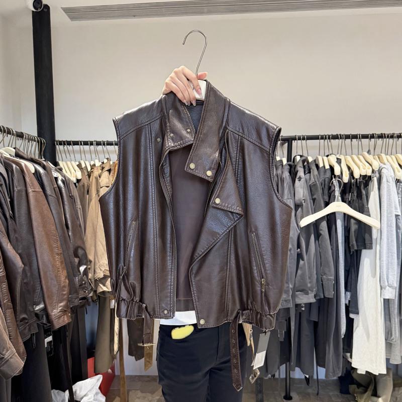 2026 Autumn New Loose Retro Stand Collar Motorcycle Leather Sleeveless Vest Zipper Jacket Top for Women 2026 Autumn New Loose Retro Stand Collar Motorcycle Leather Sleeveless Vest Zipper Jacket Top for Women