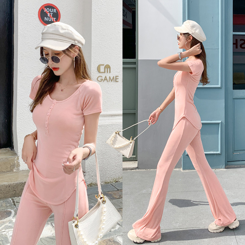 Ice Silk Sports Suit Women Summer 2022 New Thin-style Fashion Casual Micro Horn Pants Two-piece Style Suit
