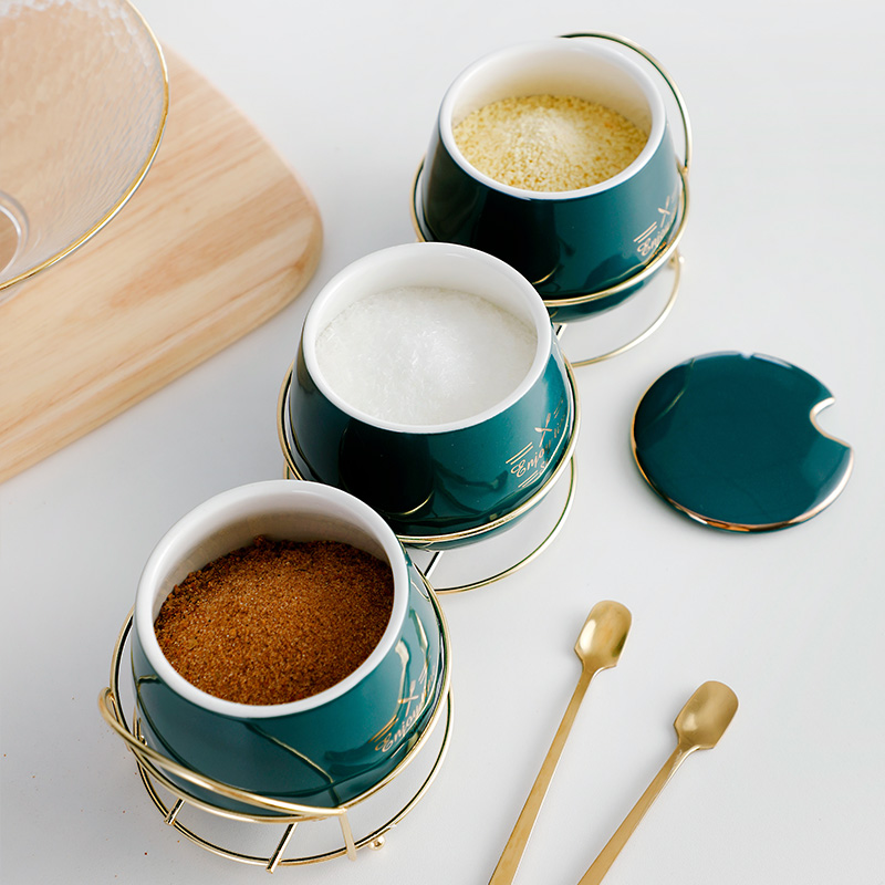 Creative seasoning as cans ceramic kitchen salt tank suit household moistureproof ladle cover one MSG seasoning box combination