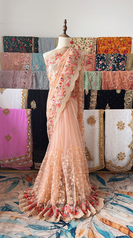 High-End Custom-Made: Indian Sri Lanka 6m Heavy-Duty Beaded Embroidery Saree/  