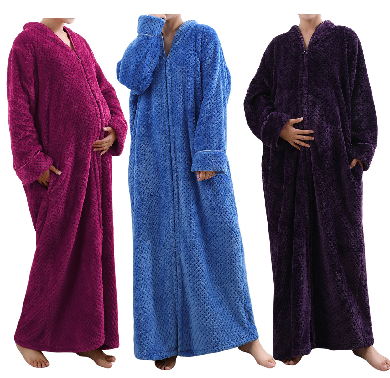 Women's Plus Size Zipper Up Soft French Terry Long Robe Bathrobe With