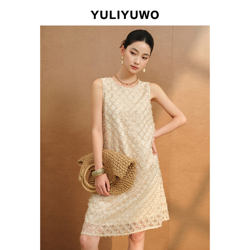 Yuri and Me/Summer New Loose-Fitting Solid Color Sleeveless Round Neck Dress with Lace Sequin Embroidery Mid-Length Dress for Women