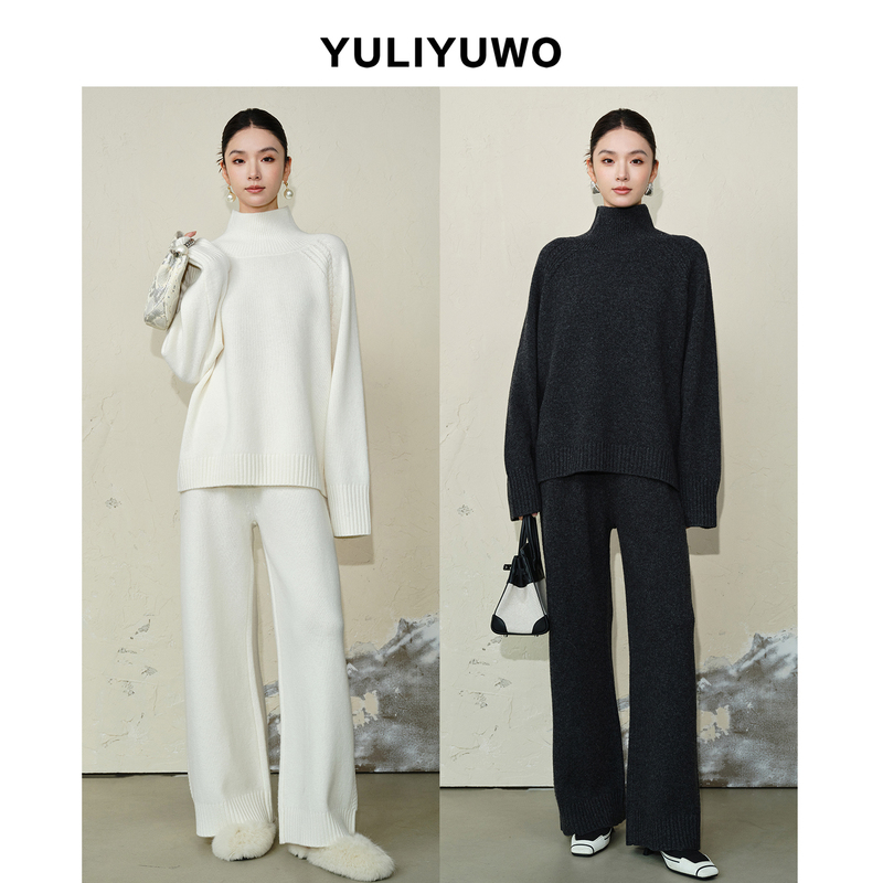 A Complete Set for Women: Winter All-Wool White Turtleneck Pullover Knit Sweater and Straight-Leg Wide-Leg Pants A Complete Set for Women: Winter All-Wool White Turtleneck Pullover Knit Sweater and Straight-Leg Wide-Leg Pants