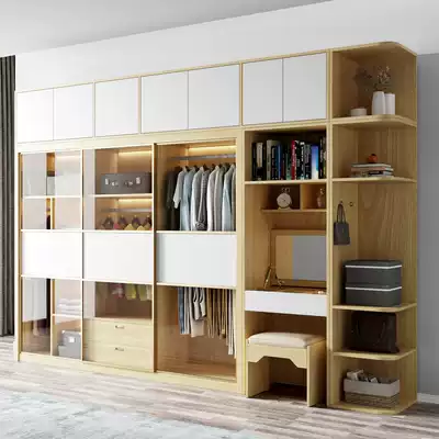 Sliding Door Wardrobe modern simple home bedroom bright glass wood color cabinet combination sliding door light luxury wardrobe