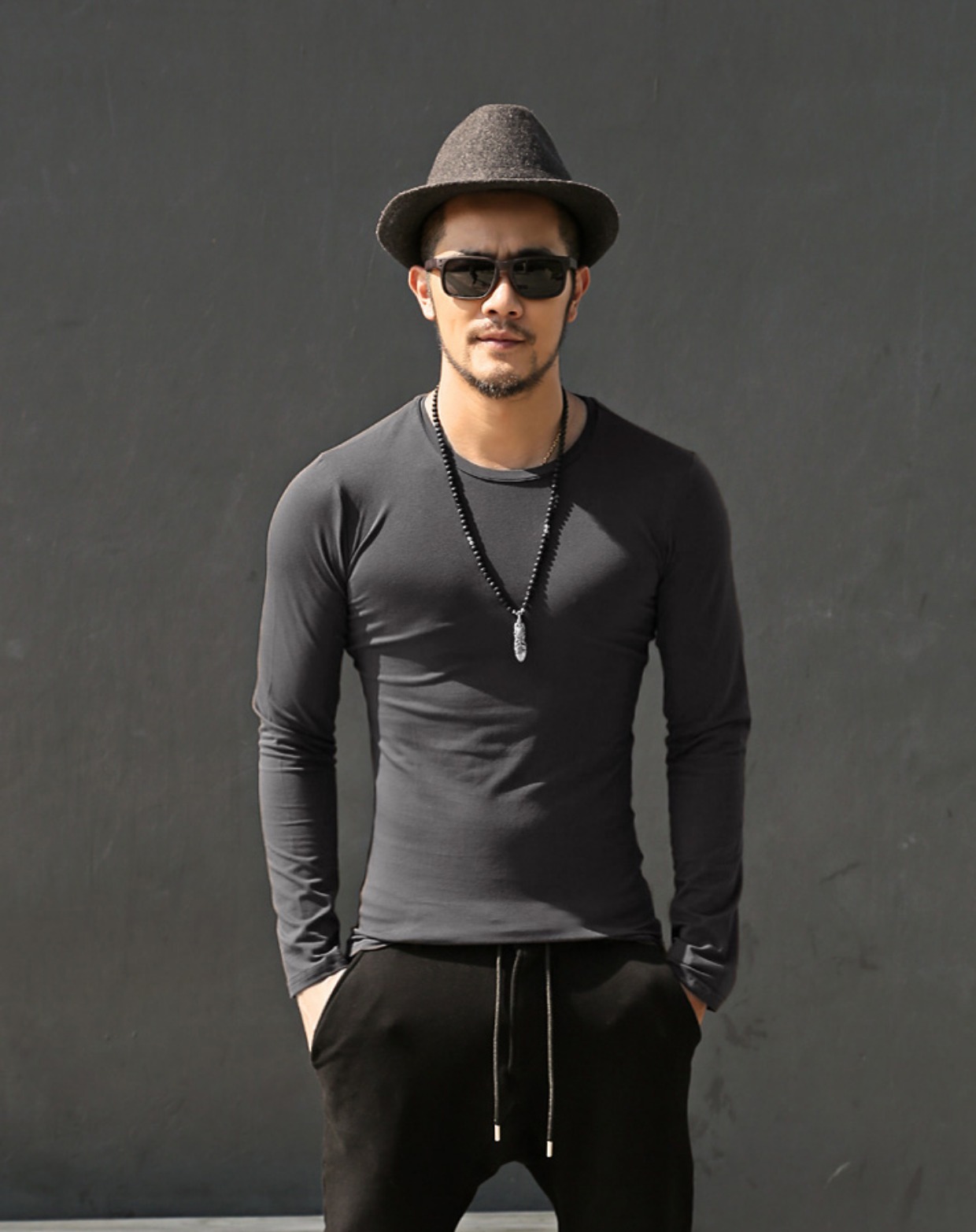 3 mảnh cotton mùa xuân Lycra cổ tròn thon dài tay áo thun màu rắn nam ấm áp chạm đáy áo T832 áo thun unisex