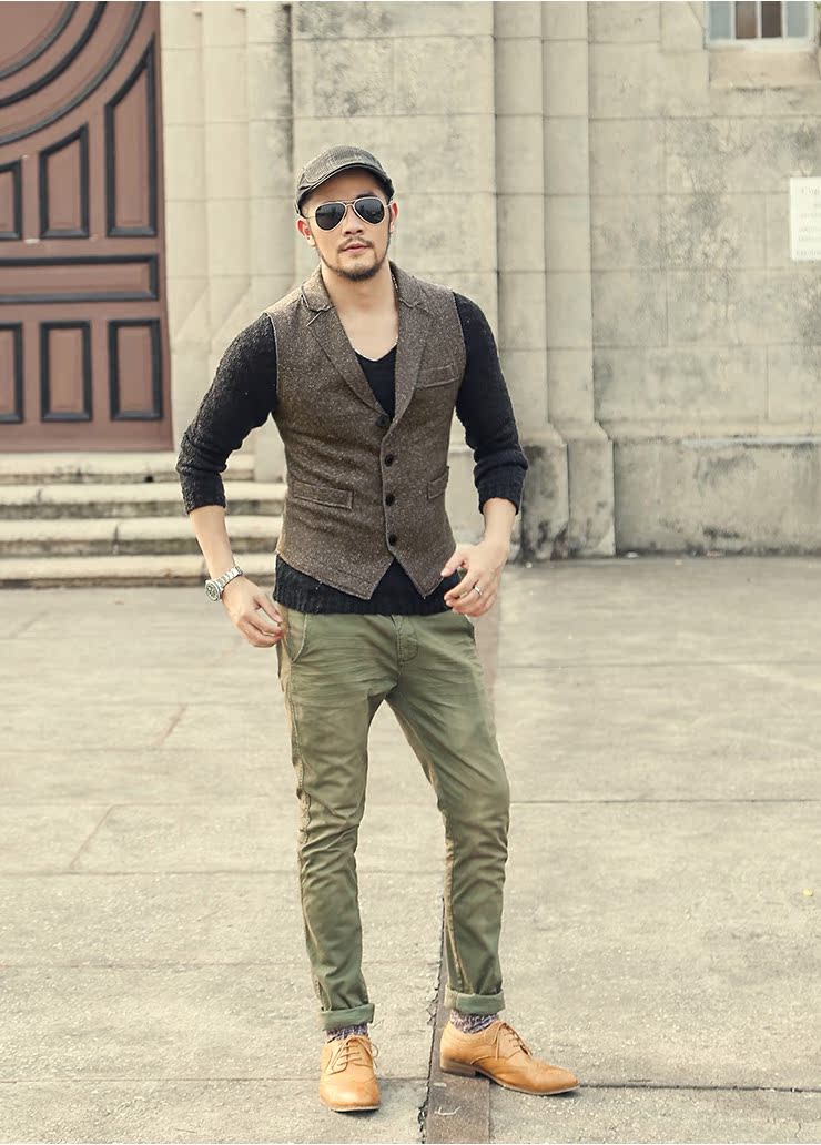 Mùa xuân composite vải hỗn hợp màu dệt kim nam cổ điển thô cạnh casual vest nam vest vest triều M92