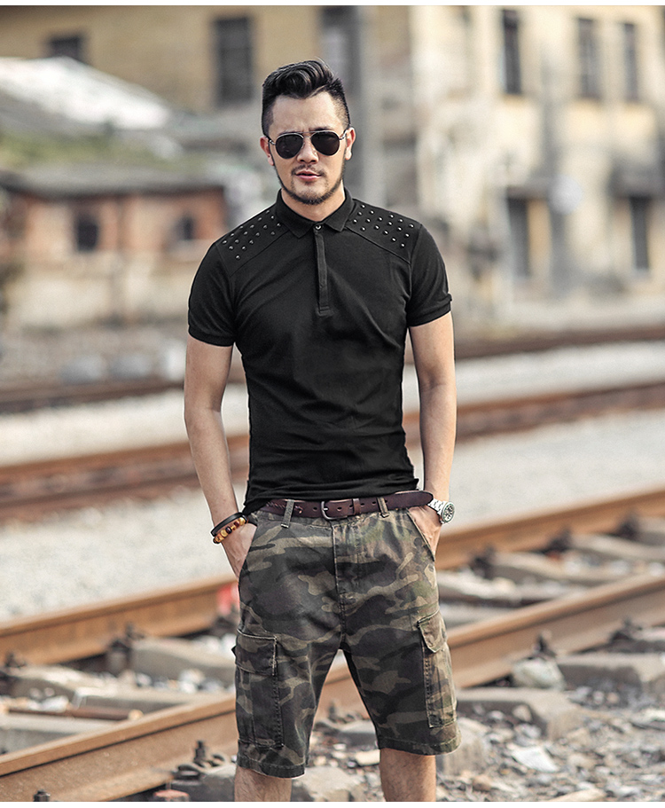 Thiết kế trang trí đinh tán mùa hè màu đen thủy triều nam màu đen ve áo ngắn tay áo thun nam mỏng kiểu áo polo PL-72 áo phông nam có cổ