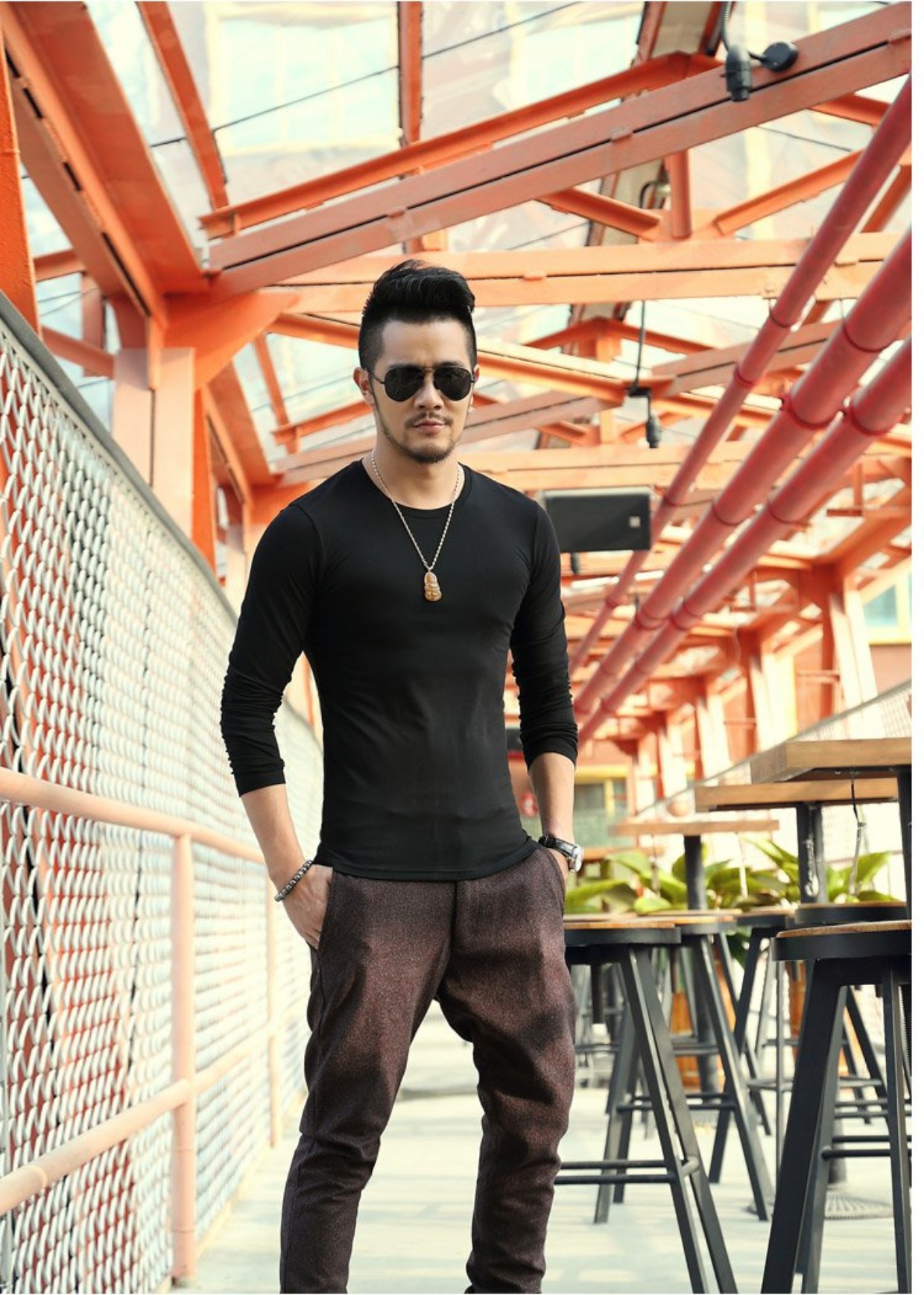 3 mảnh cotton mùa xuân Lycra cổ tròn thon dài tay áo thun màu rắn nam ấm áp chạm đáy áo T832 áo thun unisex