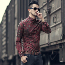 2021 Autumn New British retro long sleeve shirt men slim print shirt wine red flower shirt S2333