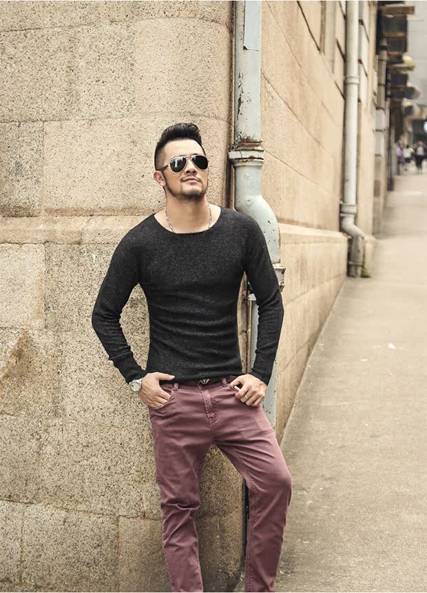 Mùa thu mới giả cashmere Anh cổ tròn pha trộn màu sắc Áo len chui đầu nam dệt kim đáy áo thủy triều J608-2 áo da lộn nam