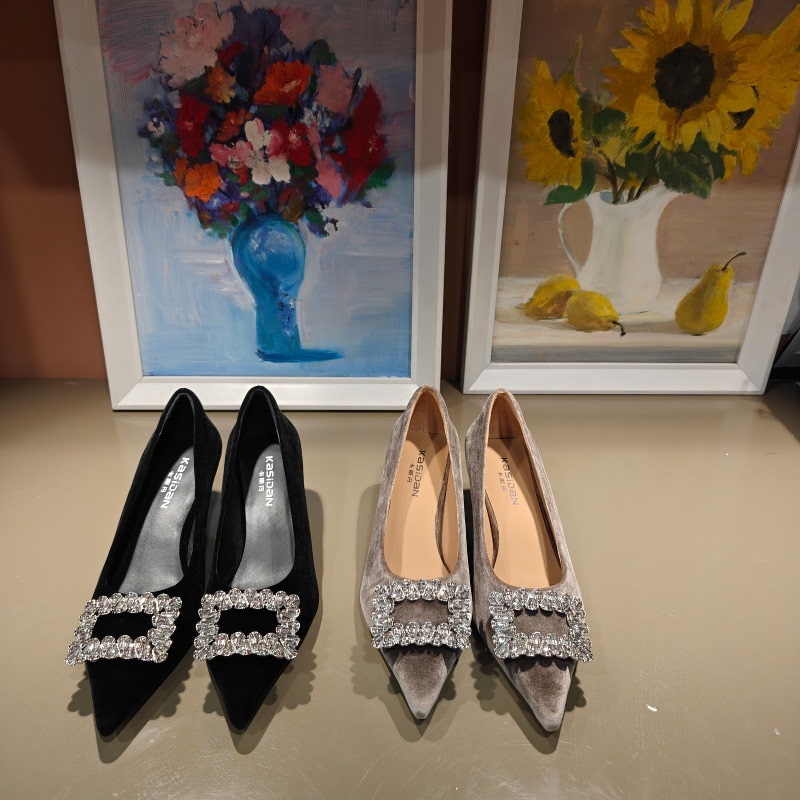 Casdan 2026 New European-Style Velvet Rhinestone Square Buckle High Heels Women's Stiletto Pointed Toe Shallow Mouth Low Heel Single Shoes