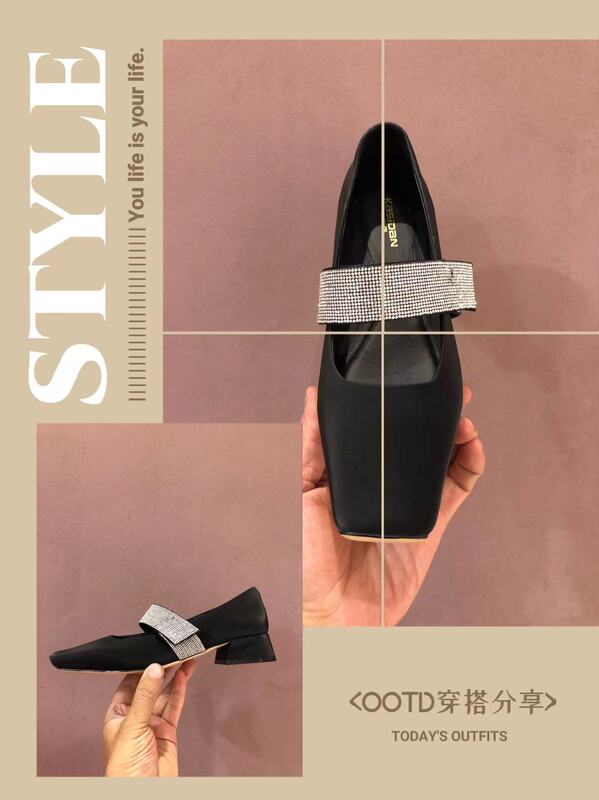 2024 Autumn European New Style Silk Leather Low-Heeled Shallow-Mouth Women's Shoes with Rhinestone Square Toe Simple Single-Strap Flats for Women 2024 Autumn European New Style Silk Leather Low-Heeled Shallow-Mouth Women's Shoes with Rhinestone Square Toe Simple Single-Strap Flats for Women