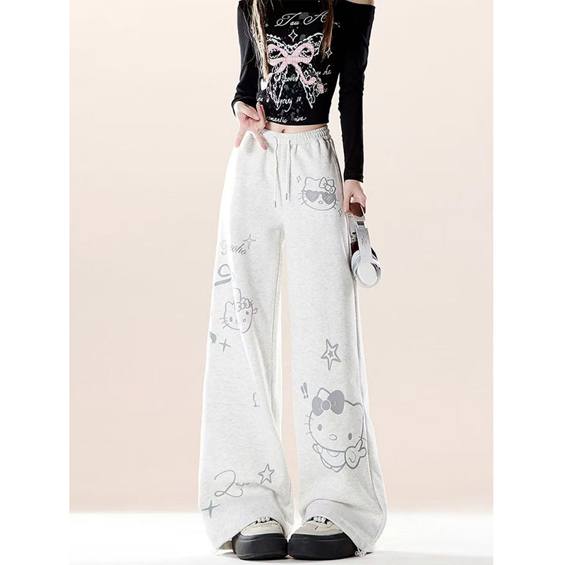 Cute Kitty Cat Print Casual Sweatpants for Women, New Spring and Autumn Style, Sweet, Lazy, Relaxed, Loose Wide-Leg Pants for Students