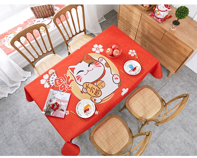 Bông Nhật Bản và vải lanh đỏ may mắn mèo bàn vải vải hình chữ nhật bàn cà phê mat khăn trải bàn đám cưới lễ hội - Khăn trải bàn
