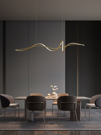 All-Copper Creative Restaurant Chandelier, Modern Minimalist Italian Light Luxury Bar Counter Designer Nordic Dining Table Irregular Long Strip Lamp