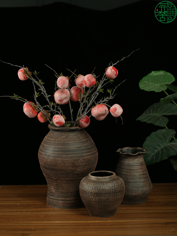 New Chinese-Style Simple Large-Diameter Vintage Hydroponic Coarse Pottery Vase for Dried Flowers and Green Plants, Clay Pot Floor-Standing Ornament
