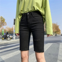 Five denim shorts womens high waist slim 2021 summer new Korean slim stretch tight body riding pants