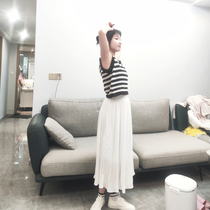 (155 petite) high-waisted chiffon pleated skirt elastic waistband lined to prevent exposure white