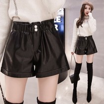 High waist wide leg shorts women 2020 autumn and winter new loose slim tightness waist outwear big code elastic black leather pants