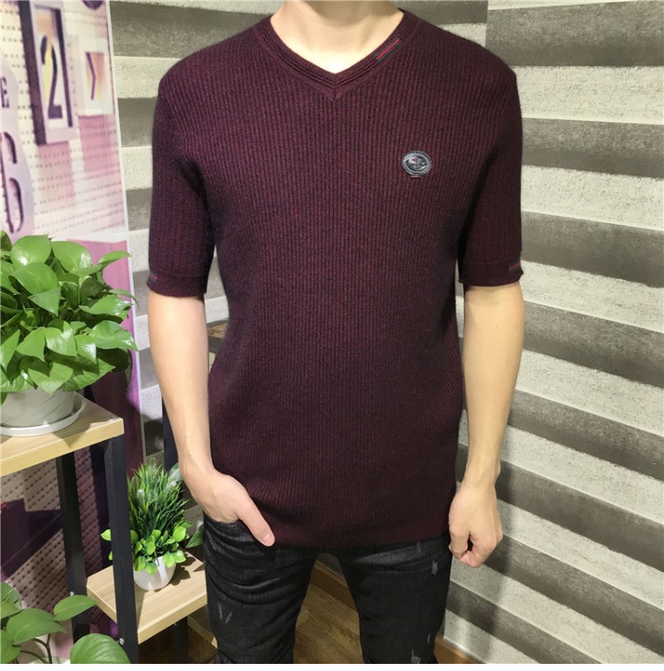 Áo thun nam tay ngắn cổ chữ V mùa đông nam dày cashmere nửa tay mùa thu và mùa đông ấm áp đan áo len ở tay áo áo thun tay dài nam