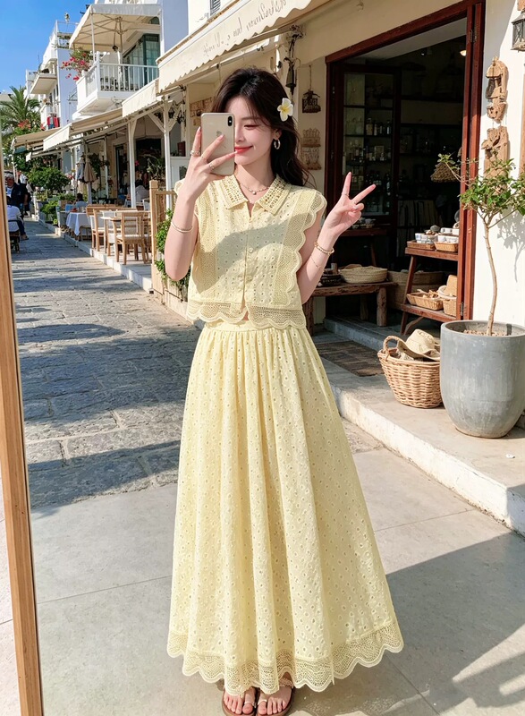 Yuui【Moonlight Sonata】100% Cotton Heavy-Duty Hollow Embroidery Lapel Blouse/Skirt Set 6.10