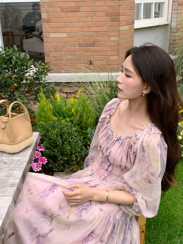 Yuui【Wisteria Story】Heavyweight 100% Mulberry Silk Georgette Romantic Purple Floral Dress 4.19