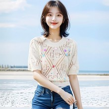 Korean light luxury hollowed out round neck knitted sweater for women's heavy industry sequin three-dimensional decoration, summer soft glutinous lazy style T-shirt ins