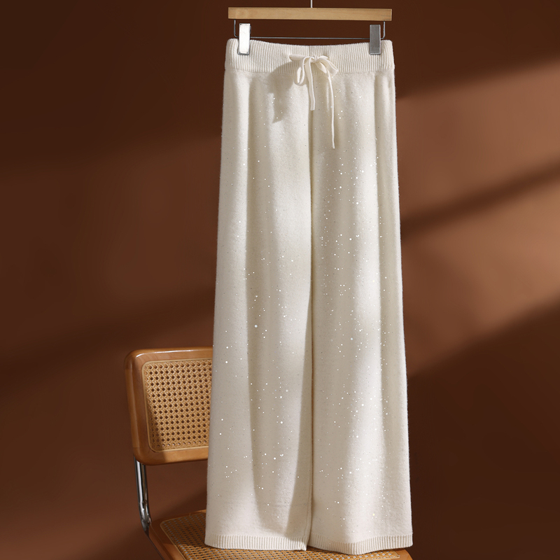 Sequin Pure Wool Knit Wide-Leg Pants for Women, Starry Sky Pants, Casual Straight-Leg Shiny Pants, High-Waisted Floor-Length Pants