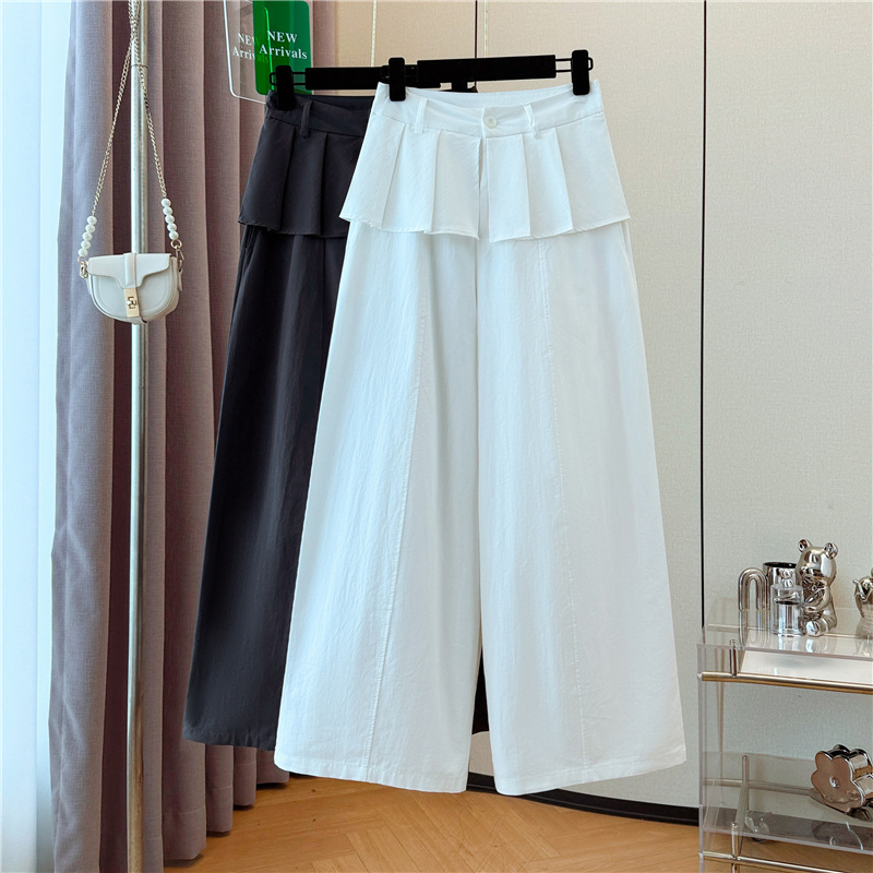 Pleated Patchwork Skirt with a Hem Cover, Straight-Leg Pants for Women, Korean Style, High-Waisted, Slimming Wide-Leg Pants, Versatile Solid Color Casual Long Pants
