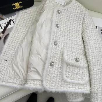 2024 winter new product xiaoxiangfeng cotton-padded jacket for women with high-end design mink fur splicing tweed round neck short coat 2024 winter new product xiaoxiangfeng cotton-padded jacket for women with high-end design mink fur splicing tweed round neck short coat