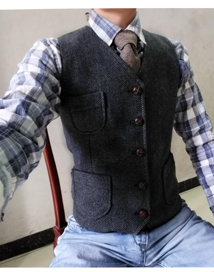 Mùa thu và mùa đông mẫu xương cá tweed Anh retro để tăng chất béo cha trung niên áo len phù hợp với nam quần ngắn