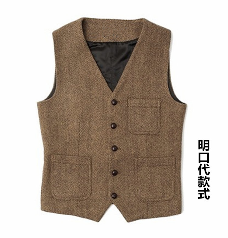 Mùa thu và mùa đông mẫu xương cá tweed Anh retro để tăng chất béo cha trung niên áo len phù hợp với nam quần ngắn