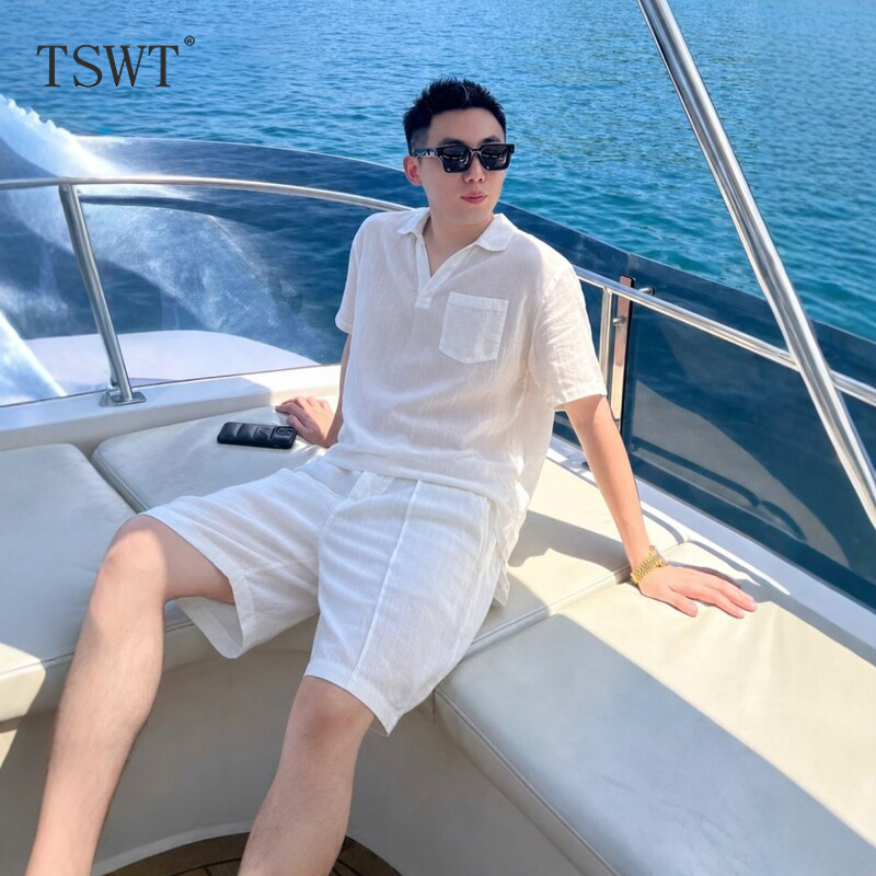 High-End Old Money Style Linen Casual Sports Suit for Men, Summer Thin Lapel Short-Sleeve T-Shirt and Shorts Two-Piece Set High-End Old Money Style Linen Casual Sports Suit for Men, Summer Thin Lapel Short-Sleeve T-Shirt and Shorts Two-Piece Set