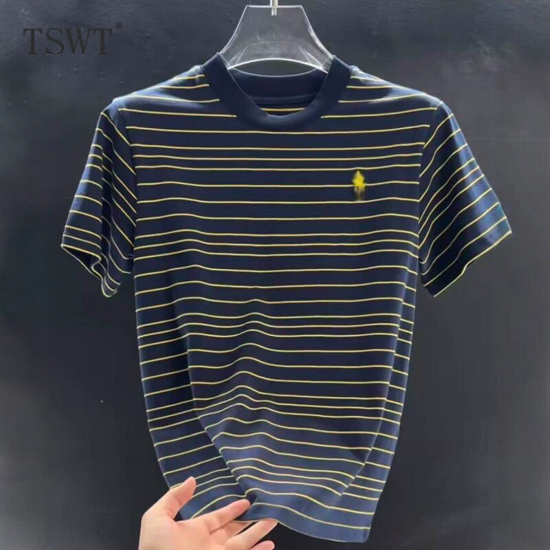 High-End American-Style Round-Neck Patchwork Striped Short-Sleeve Men's Summer Fashion Versatile Casual Trendy Embroidered Simple T-Shirt High-End American-Style Round-Neck Patchwork Striped Short-Sleeve Men's Summer Fashion Versatile Casual Trendy Embroidered Simple T-Shirt