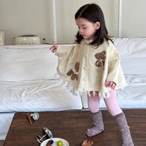 2024 Autumn Girls Internet Celebrity Knitted Cape Top Baby Girl Fashionable Lapel Cartoon Cardigan Outing Wear
