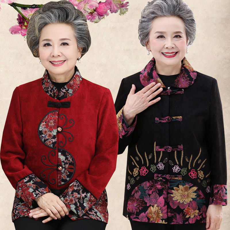 Middle-aged and elderly Spring and autumn women's jacket 60-70 years old Tang dress old lady clothes elderly mother grandma dress up and thin